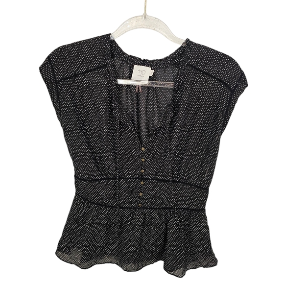 Anthropologie Tops - HD in Paris Size 4 Black and White Silk Blend Pin Dot Side Zip Peplum Blouse Fem